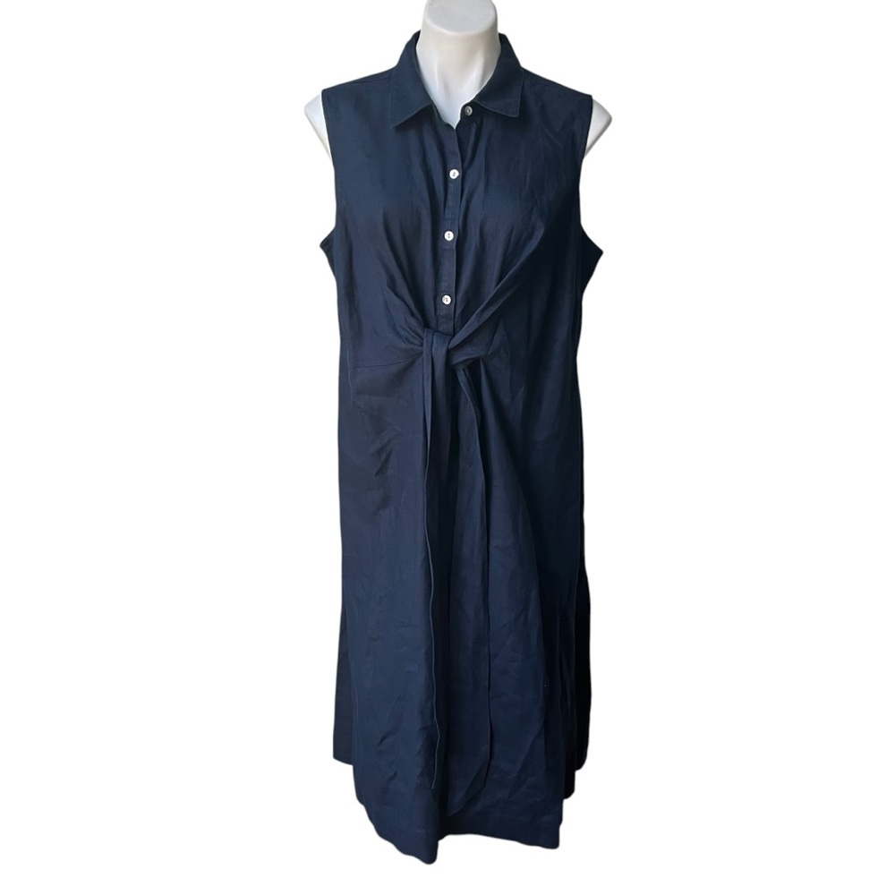 J. Jill Love Linen Tie Front Sleeveless Shirt Dress Navy with Pockets, XL Petite - Picture 2 of 11